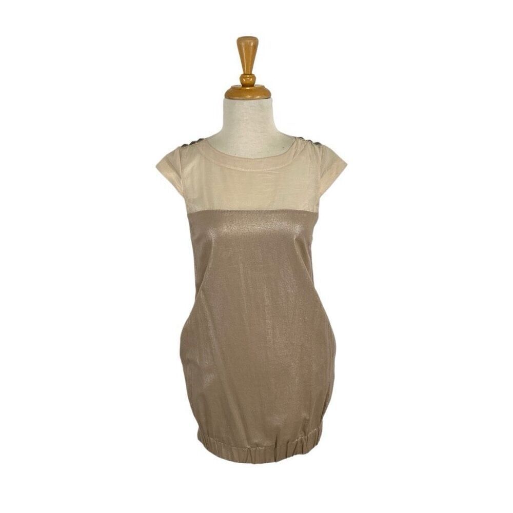 RACHEL Rachel Roy S Mini Dress Beige Gold Bubble Hem NYE Y2K Studded Party VTG